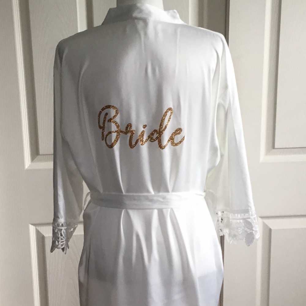 White Satin Bride Robe Gold Glitter Graphic Lace Trim Wedding Morning Loungewear
